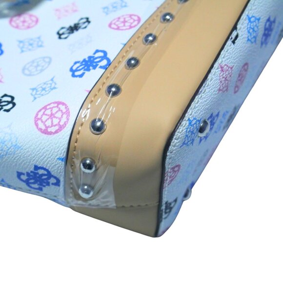 NEW Guess Greta Tote Handbag White Multi Logo Print Faux Leather Tan Trim Studde - Picture 4 of 10